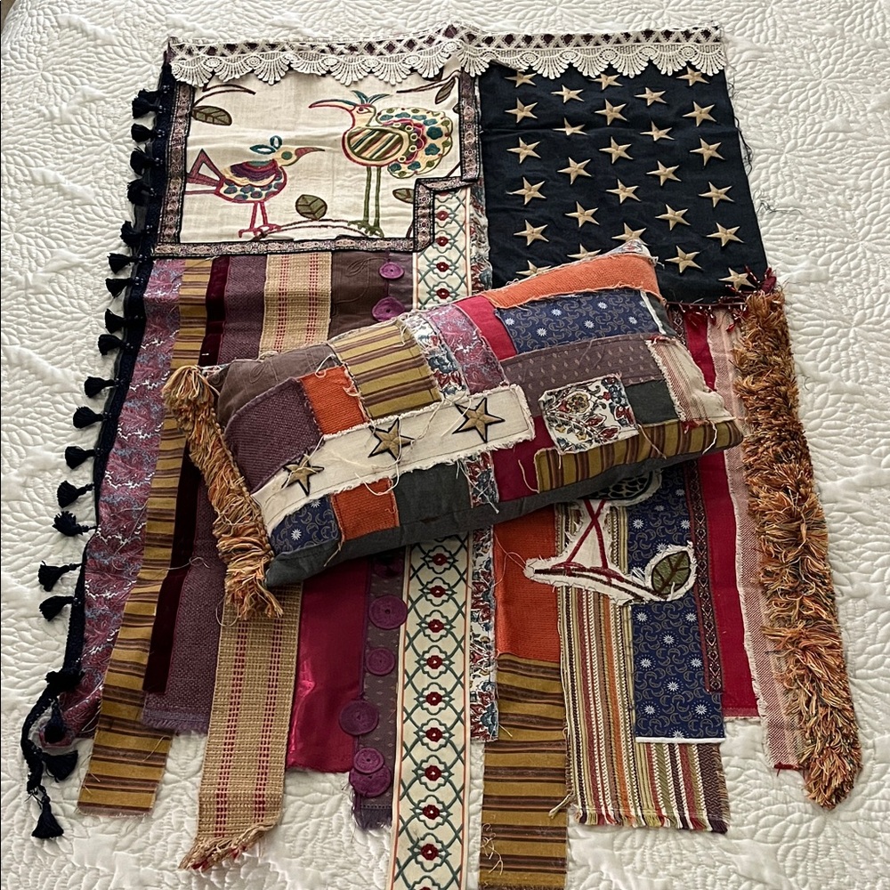 Colorful Patchwork Tapestry Textile Flag w/Star Accents & Matching Pillow